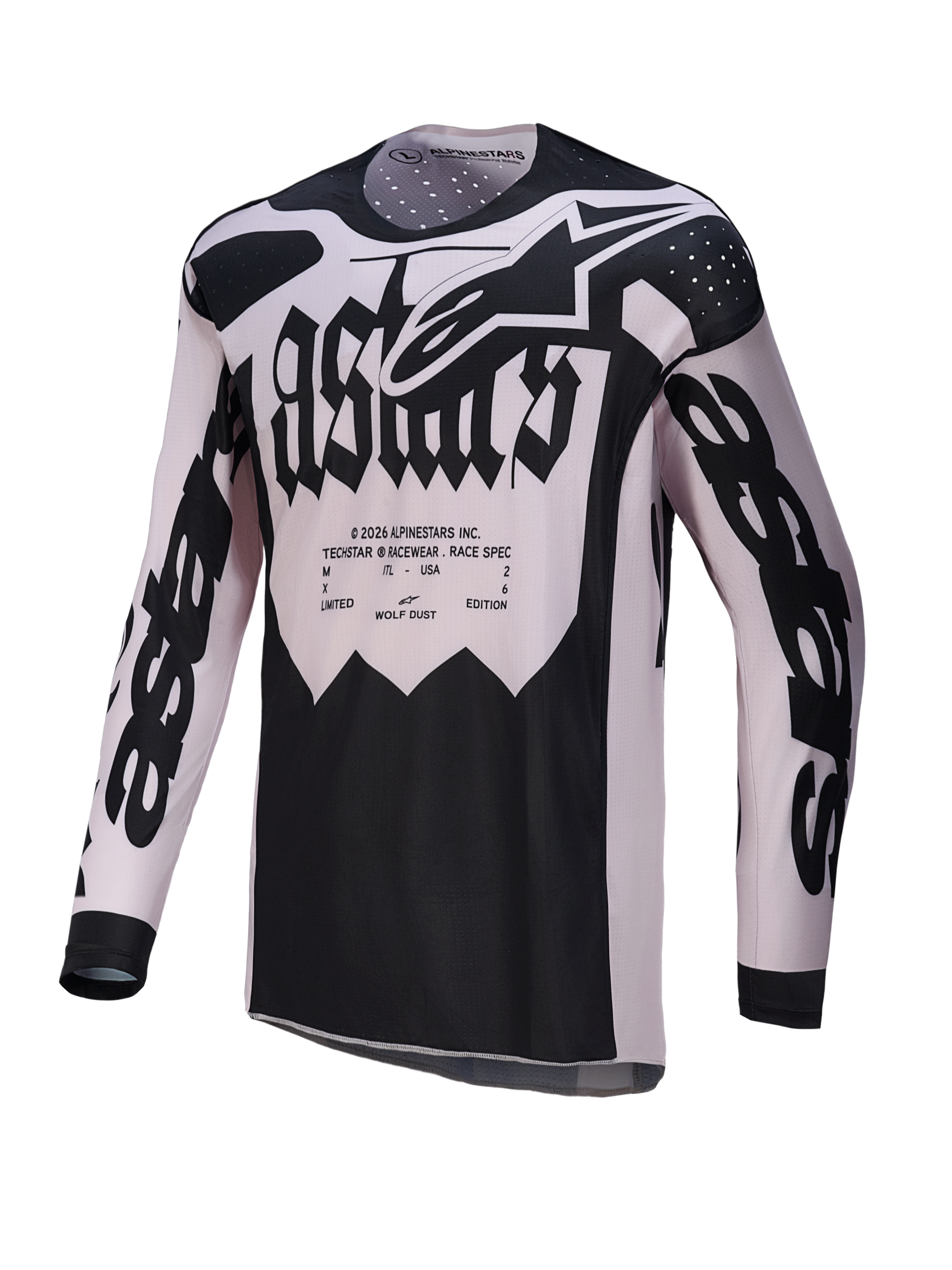 Alpinestars Limited Edition Techstar Wolf Dust Jersey, motocross racing top in black and dune with laser-cut ventilation.