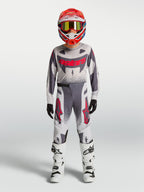 Alpinestars 2027 Youth Supertech Swan Jersey and Gear Set, gray and white motocross racing outfit with red accents.