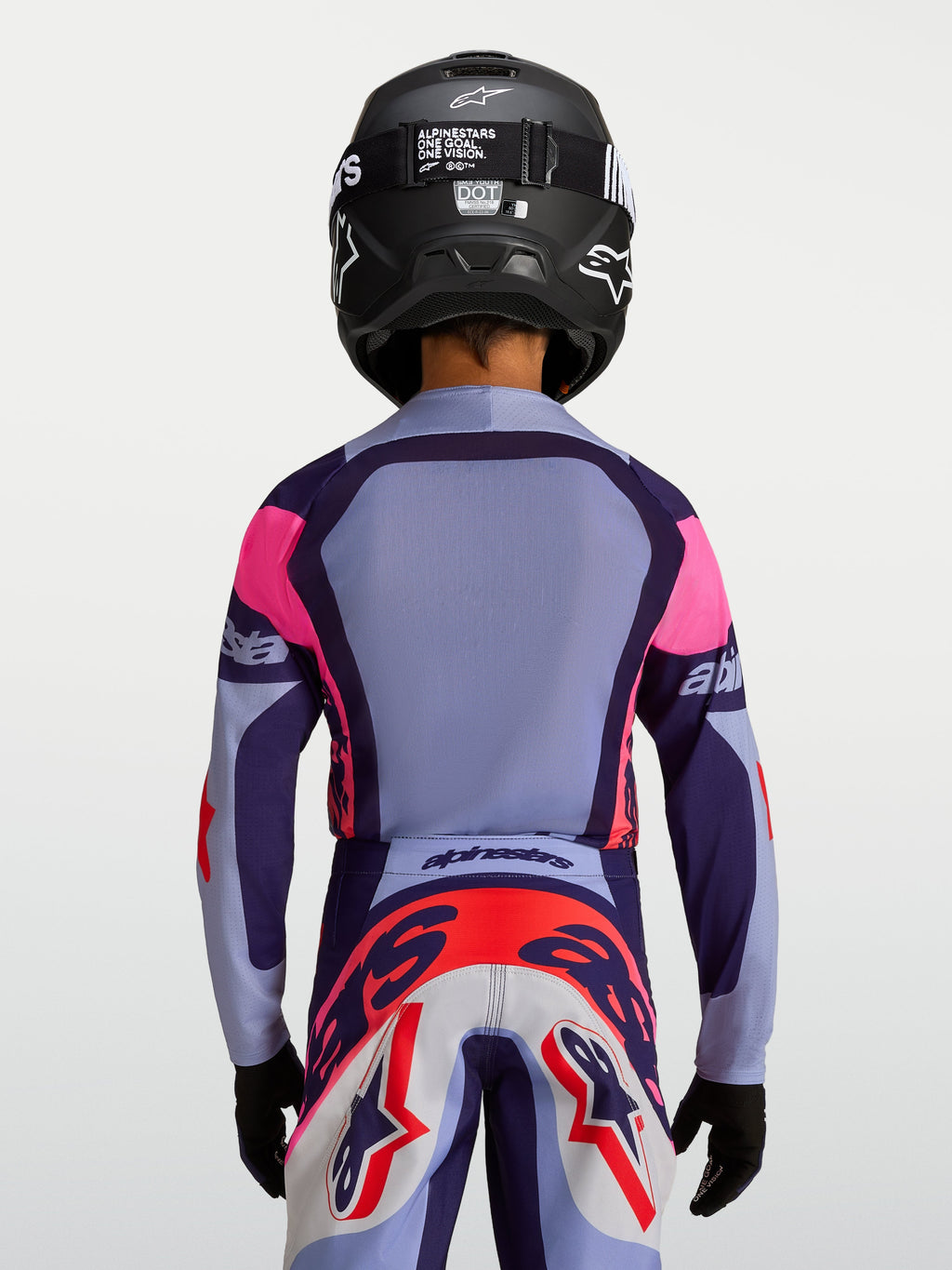 Alpinestars Youth Supertech Dyna Jersey, purple and pink motocross jersey, breathable race-fit construction, rear view.