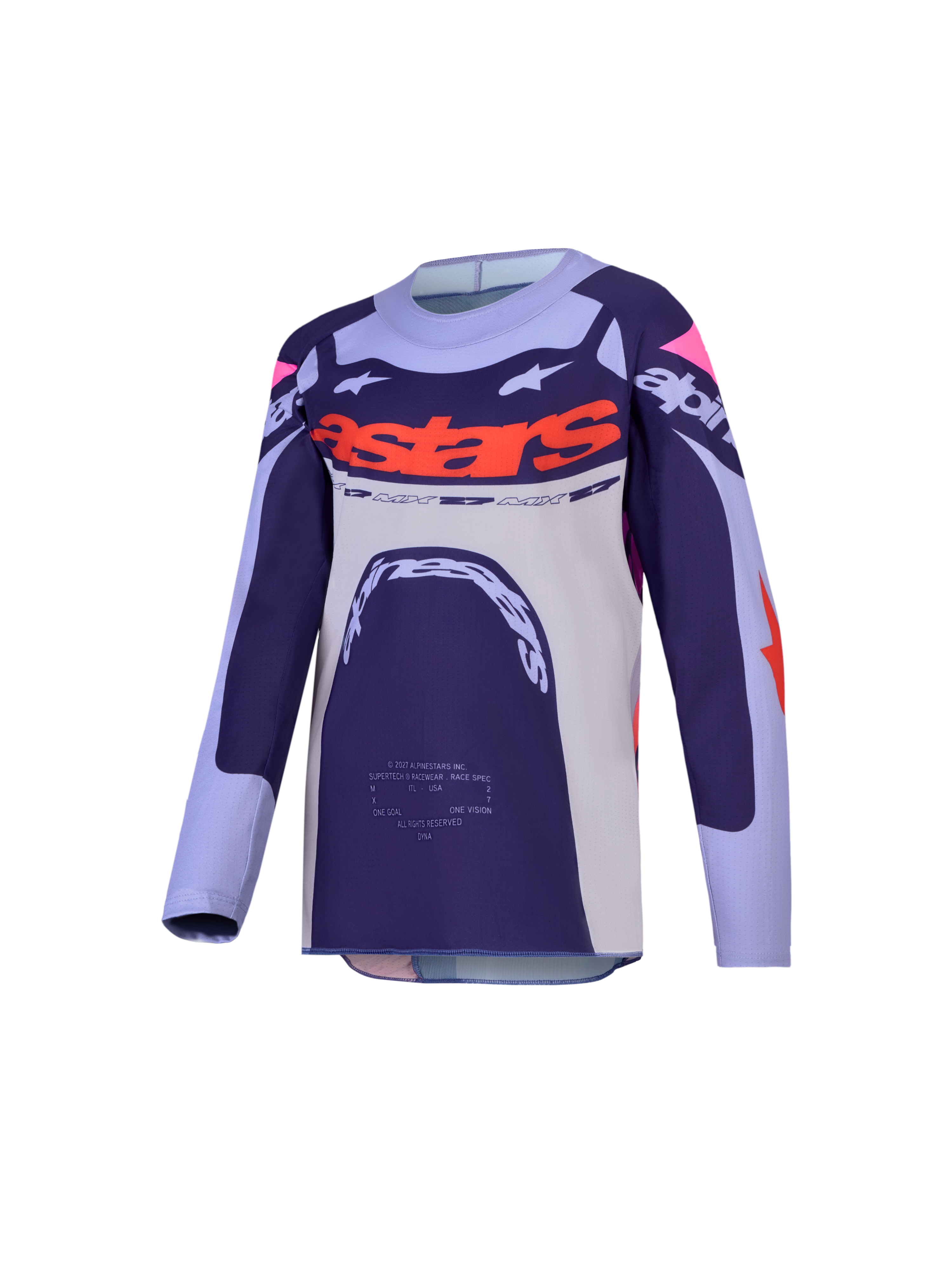 Alpinestars 2027 Youth Supertech Dyna Jersey, Purple and Pink Fluo Motocross racing jersey with ventilated stretch mesh.