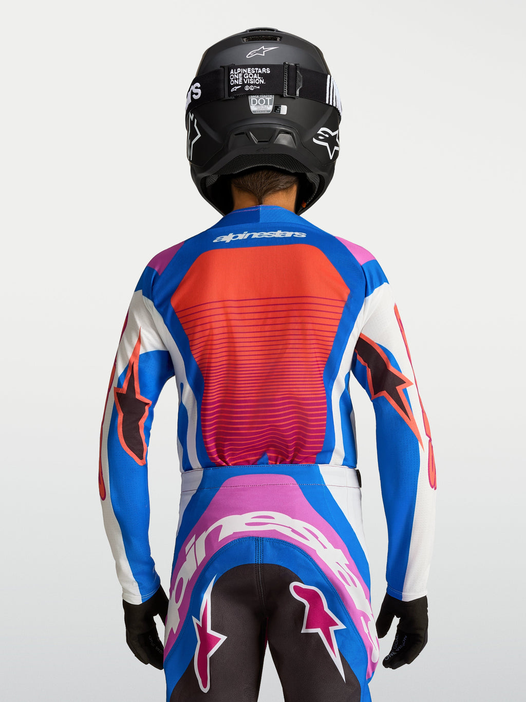 Alpinestars Youth Supertech Maven Jersey, blue and coral motocross shirt with breathable mesh panels, rear view.