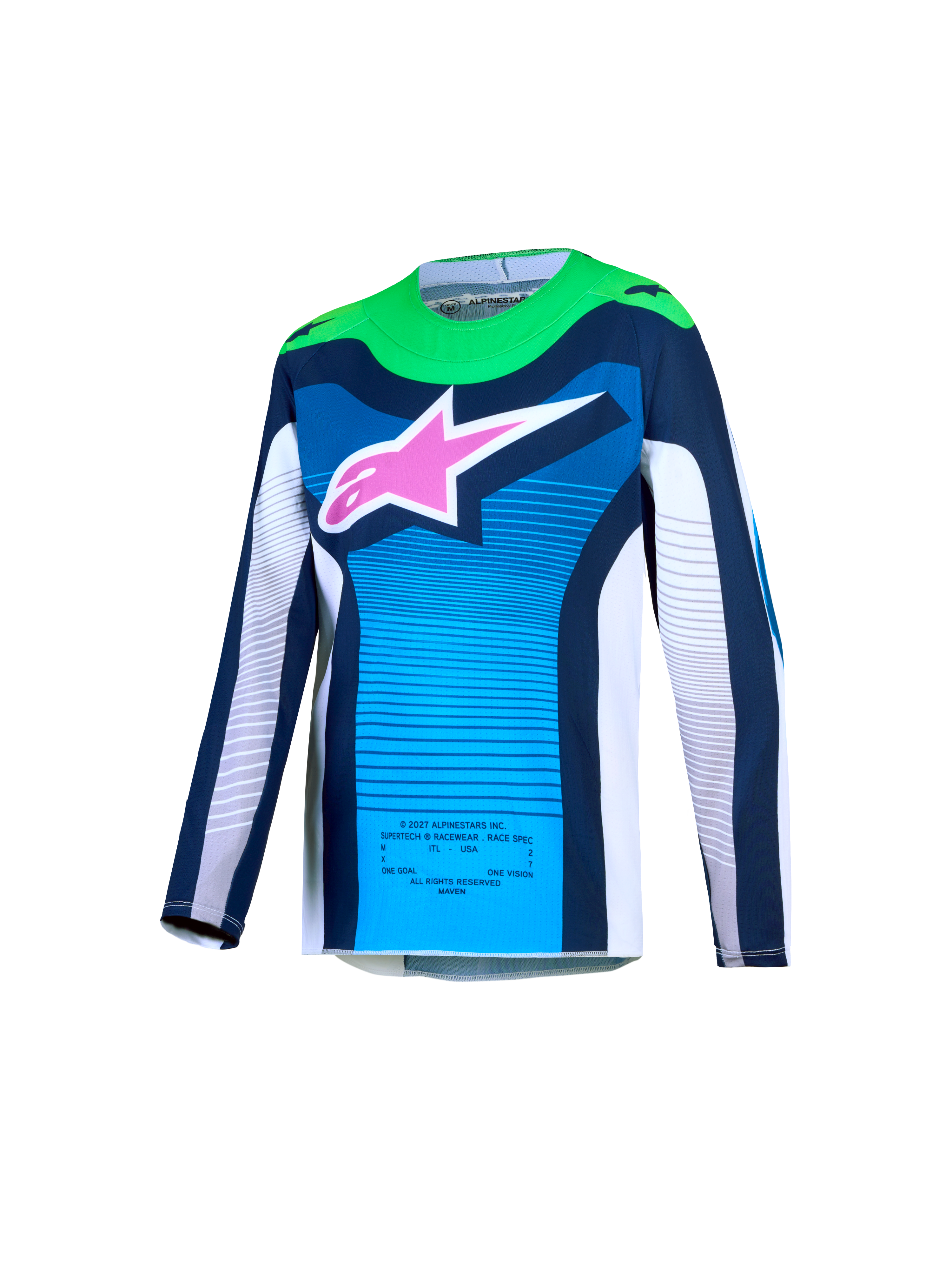 Alpinestars 2027 Youth Supertech Maven Jersey, blue and green motocross racing jersey with a pink logo and breathable mesh.