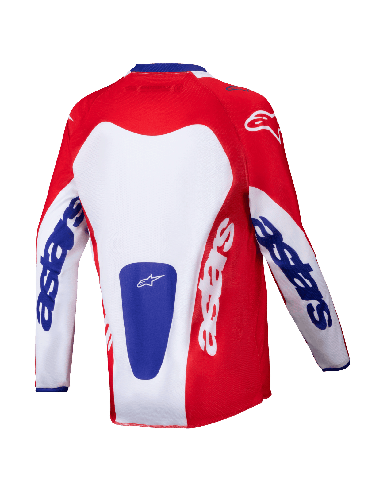 Alpinestars 2025 Youth Racer Veil Jersey, Motocross Jersey, Bright Red and White with Blue accents, rear view showing bold 'astars' branding on sleeves and back, designed for youth off-road performance