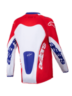 Alpinestars 2025 Youth Racer Veil Jersey, Motocross Jersey, Bright Red and White with Blue accents, rear view showing bold 'astars' branding on sleeves and back, designed for youth off-road performance