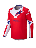 Alpinestars 2025 Youth Racer Veil Jersey, Motocross Jersey, Red with White and Blue accents, long sleeve moisture-wicking fabric, large Alpinestars logos on chest and shoulders, blue inner collar, performance off-road apparel