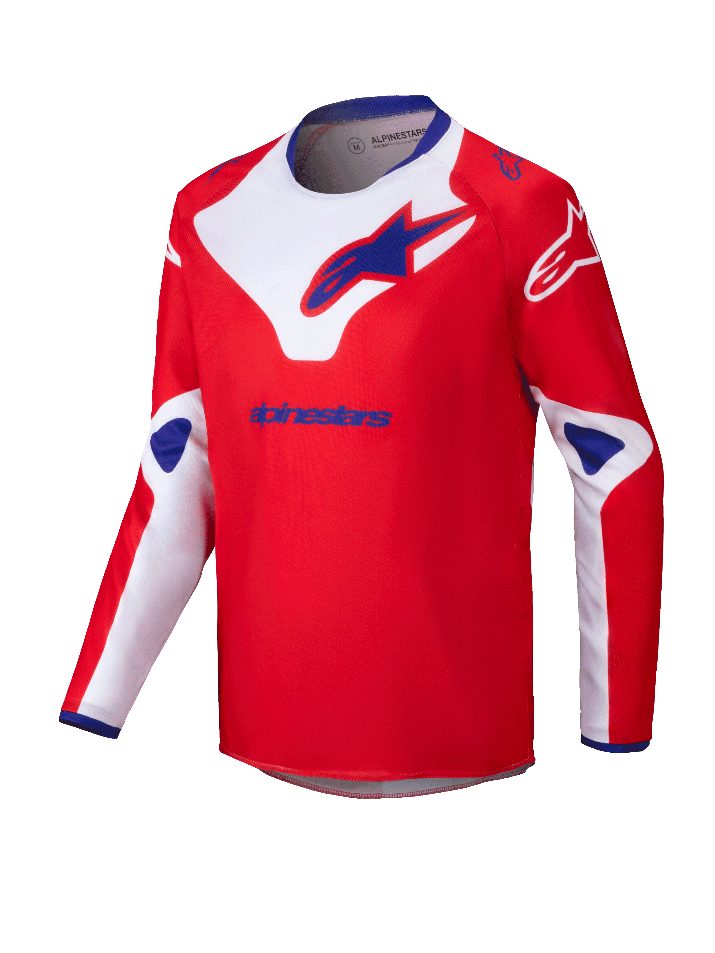 Alpinestars 2025 Youth Racer Veil Jersey, Motocross Jersey, Red with White and Blue accents, long sleeve moisture-wicking fabric, large Alpinestars logos on chest and shoulders, blue inner collar, performance off-road apparel