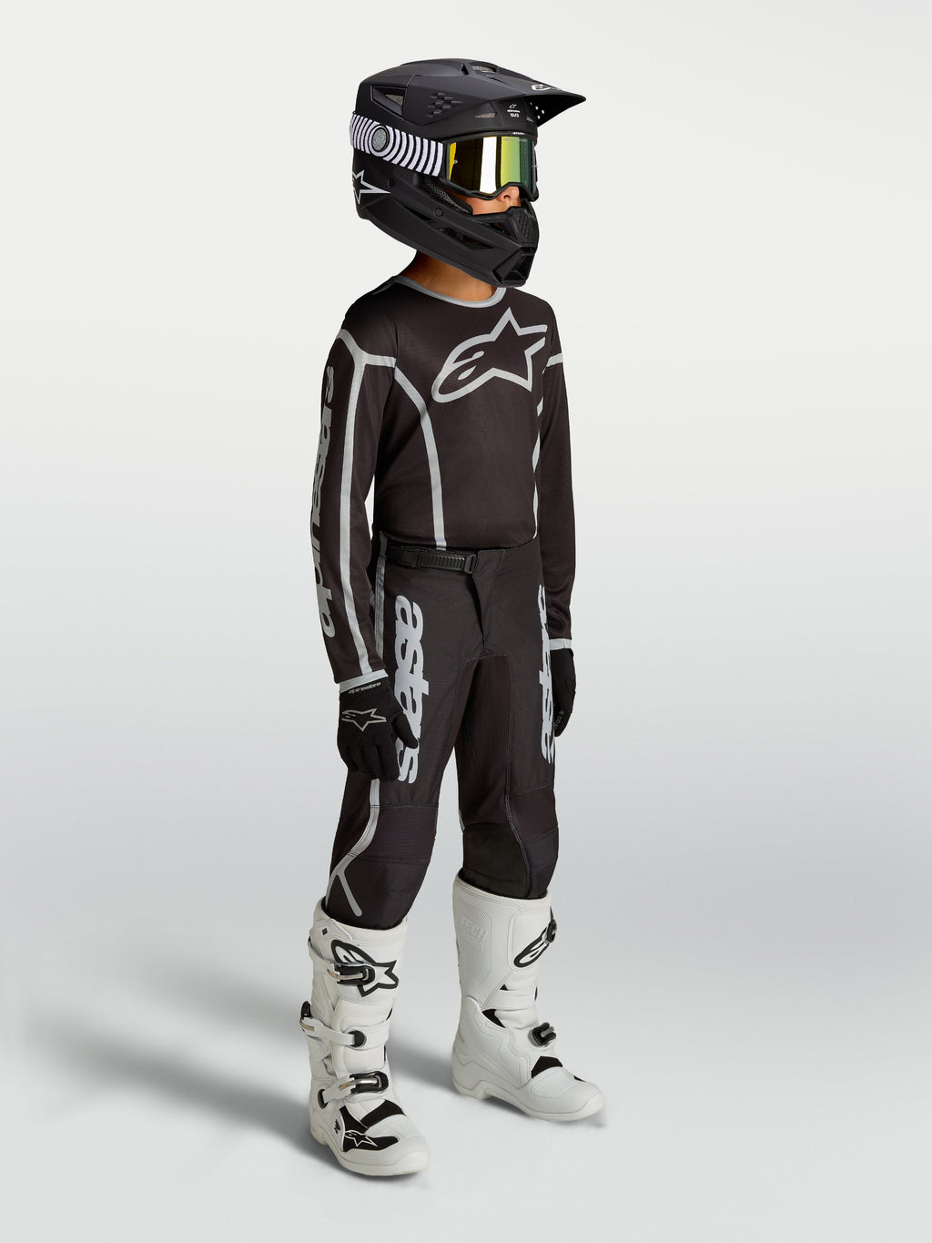 Alpinestars Youth Fluid Apex V2 Jersey and Gear Set, youth motocross outfit, black and silver, breathable textile.