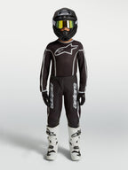 Alpinestars Youth Fluid Apex V2 Jersey and Gear Set, black and silver motocross outfit with white boots.