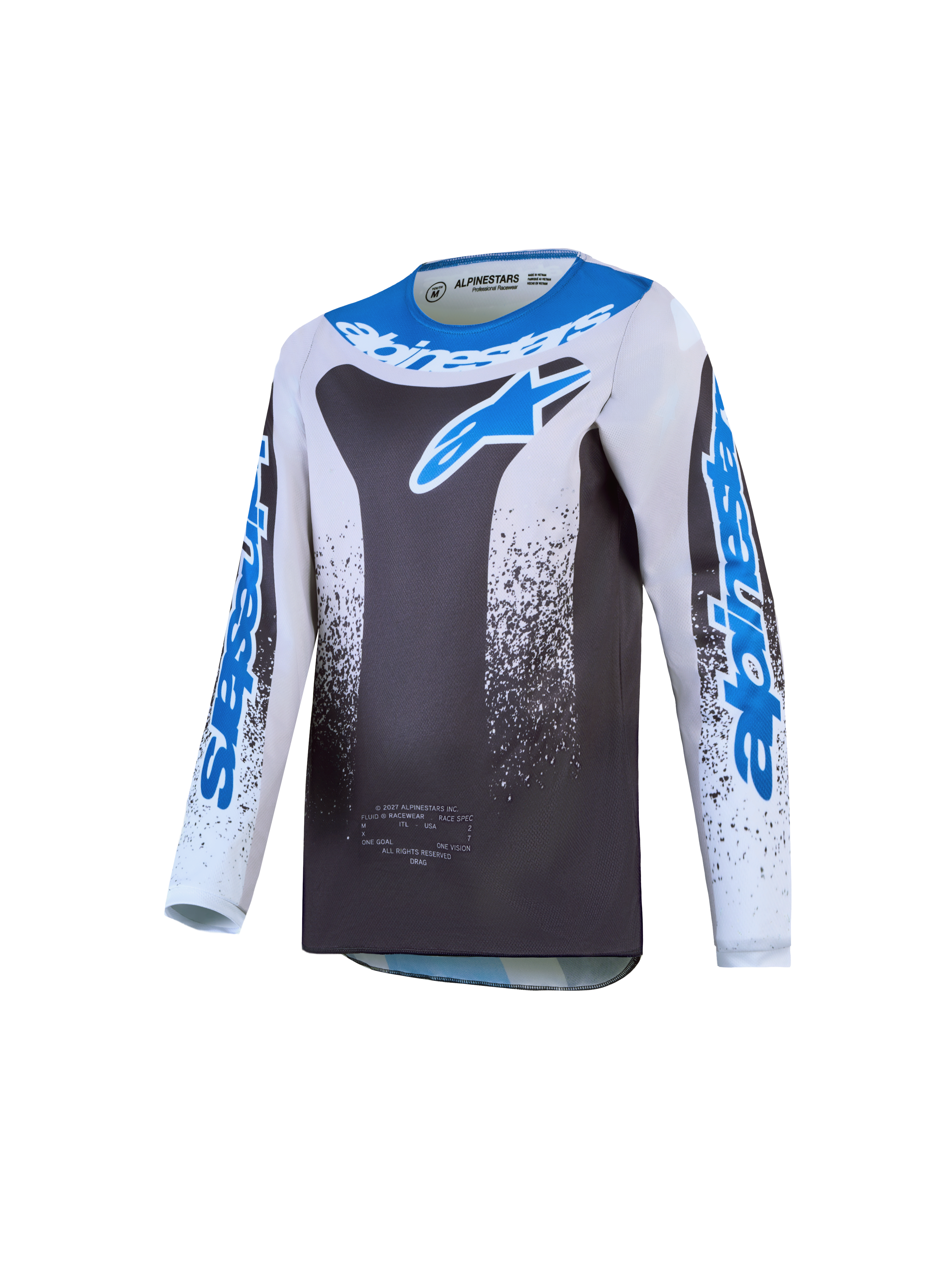 Alpinestars 2027 Youth Fluid Drag Jersey, Motocross Racing, Graystone and Blue, Lightweight Breathable Polyfabric.