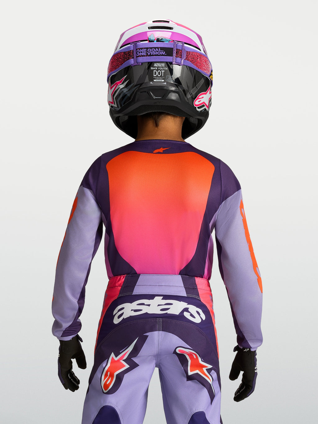 Alpinestars Youth Fluid Hunt Jersey, purple and pink kids motocross gear with moisture-wicking fabric and ergonomic fit.
