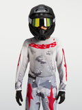 Alpinestars 2027 Youth Fluid Lone Jersey, gray camo and fire red motocross gear, performance textile construction.
