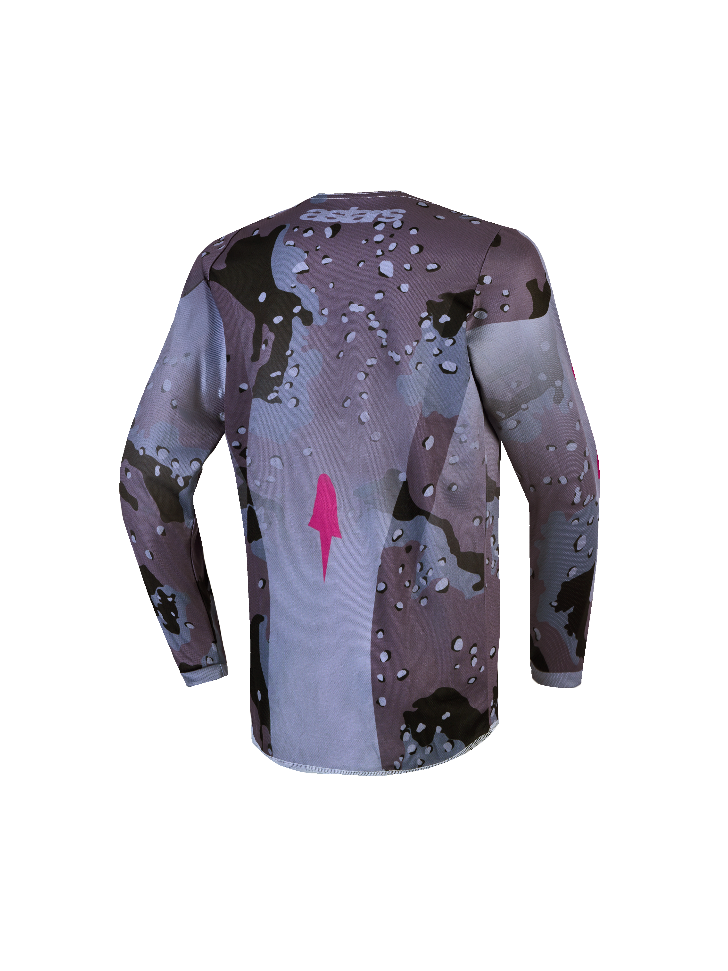 Alpinestars Youth Fluid Lone Jersey, gray camo and purple motocross top with moisture-wicking fabric and an extended rear.
