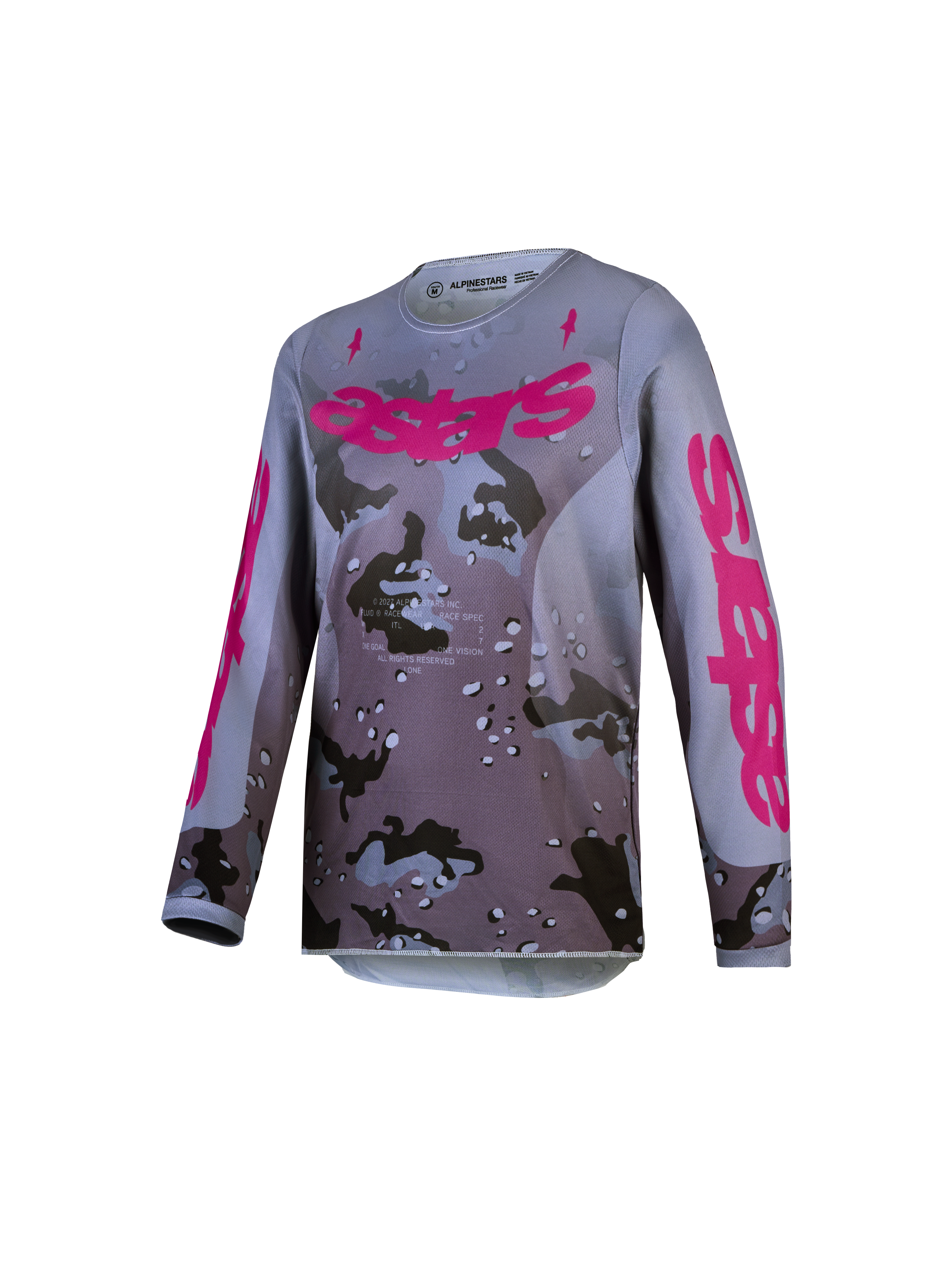Alpinestars 2027 Youth Fluid Lone Jersey, gray camo and purple youth motocross top with moisture-wicking polyfabric.
