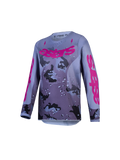 Alpinestars Youth Fluid Lone Jersey, youth motocross racing jersey, gray camo and purple, breathable moisture-wicking polyfabric.