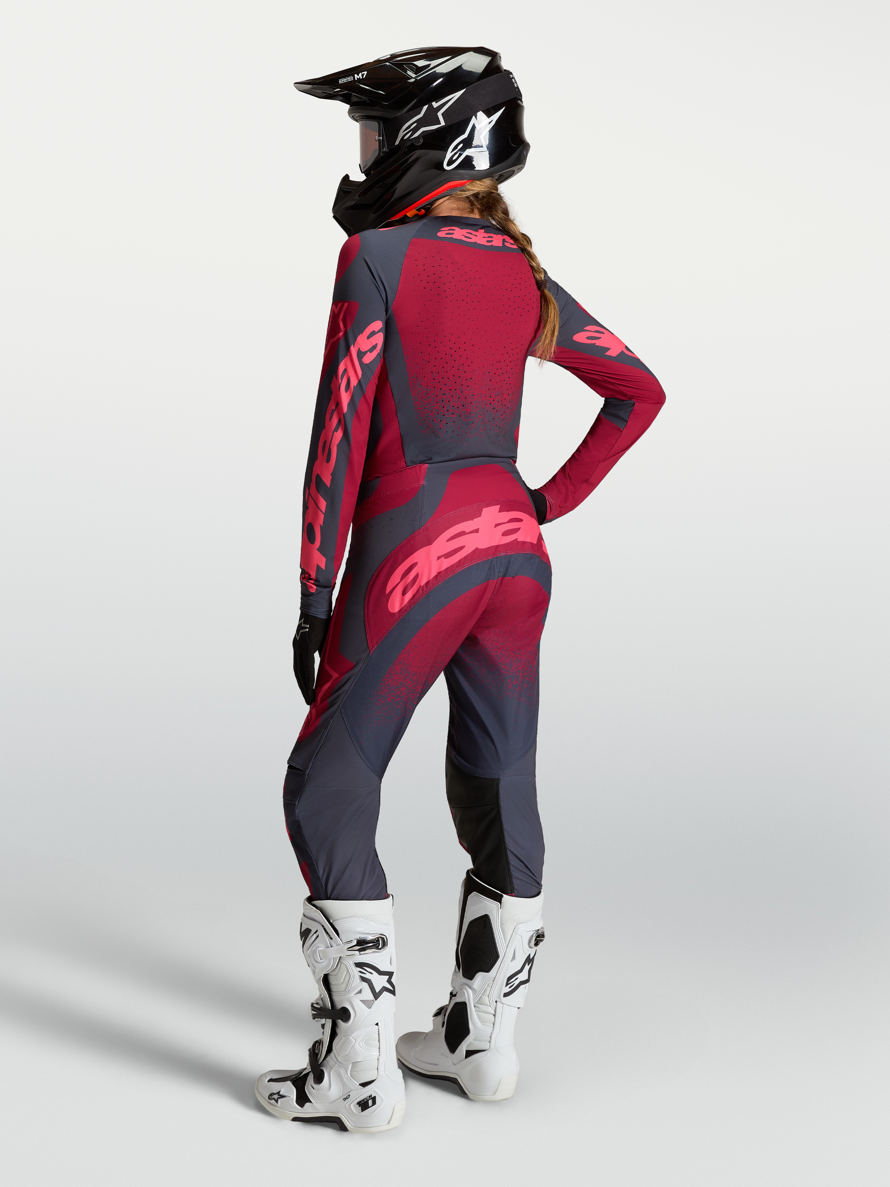 Alpinestars Stella Techstar Swan Pants, women's motocross gear, crimson and dark gray, featuring durable stretch construction.