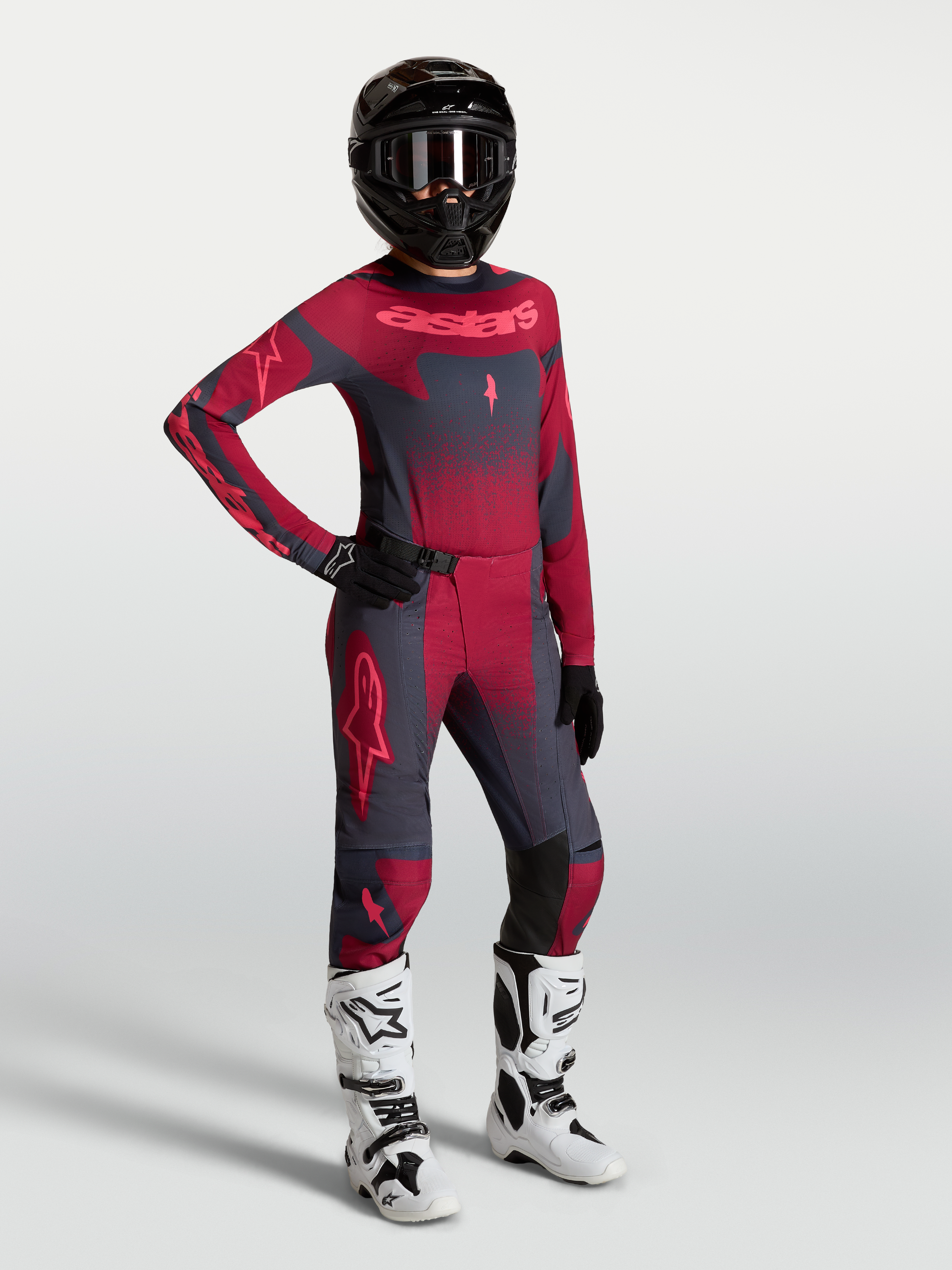 Alpinestars Stella Techstar Swan Jersey AND Gear Set, women's crimson and dark gray motocross outfit with white boots.
