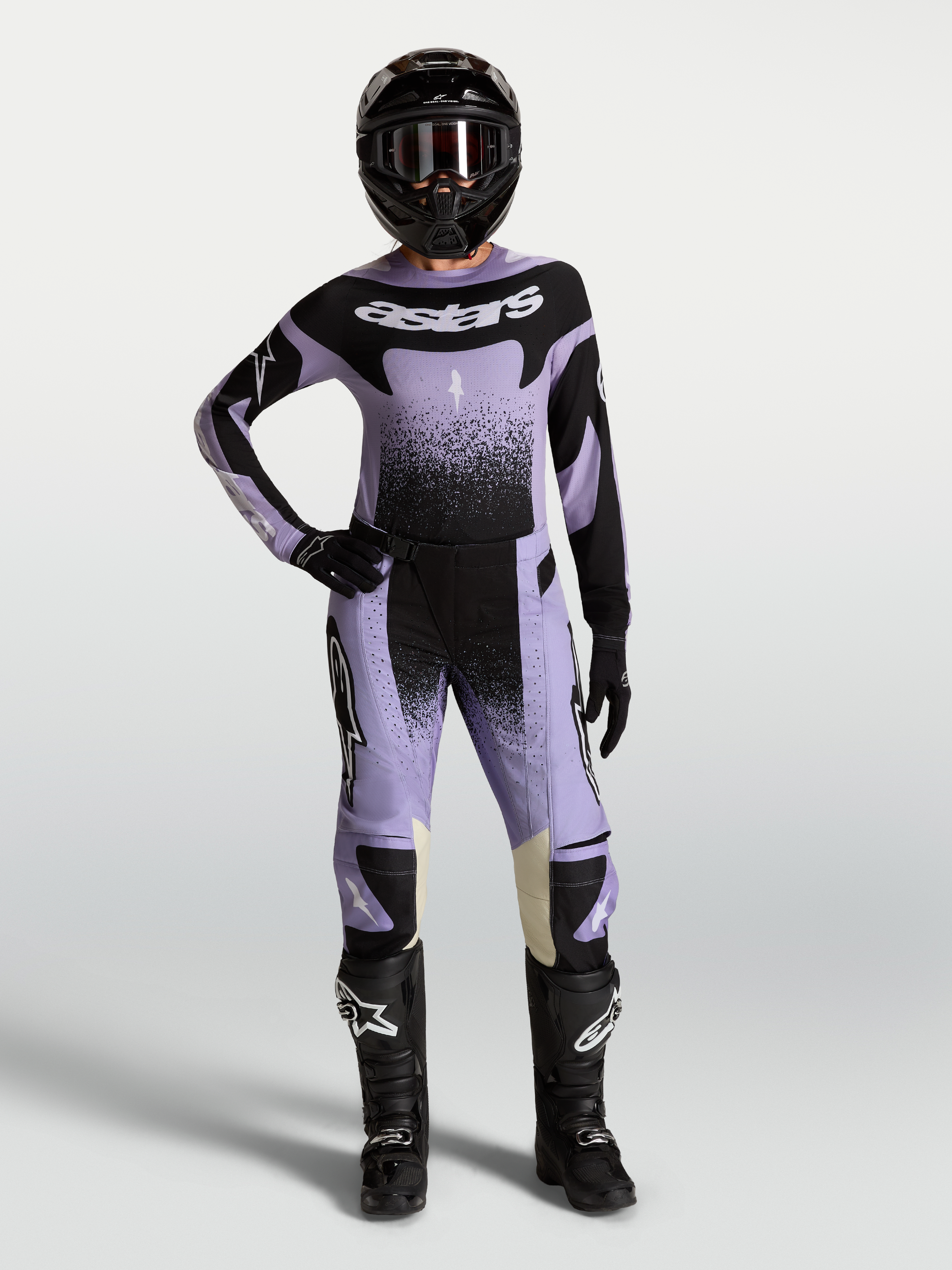 Alpinestars Stella Techstar Swan Pants, women's motocross pants in light violet and black, engineered for off-road performance.