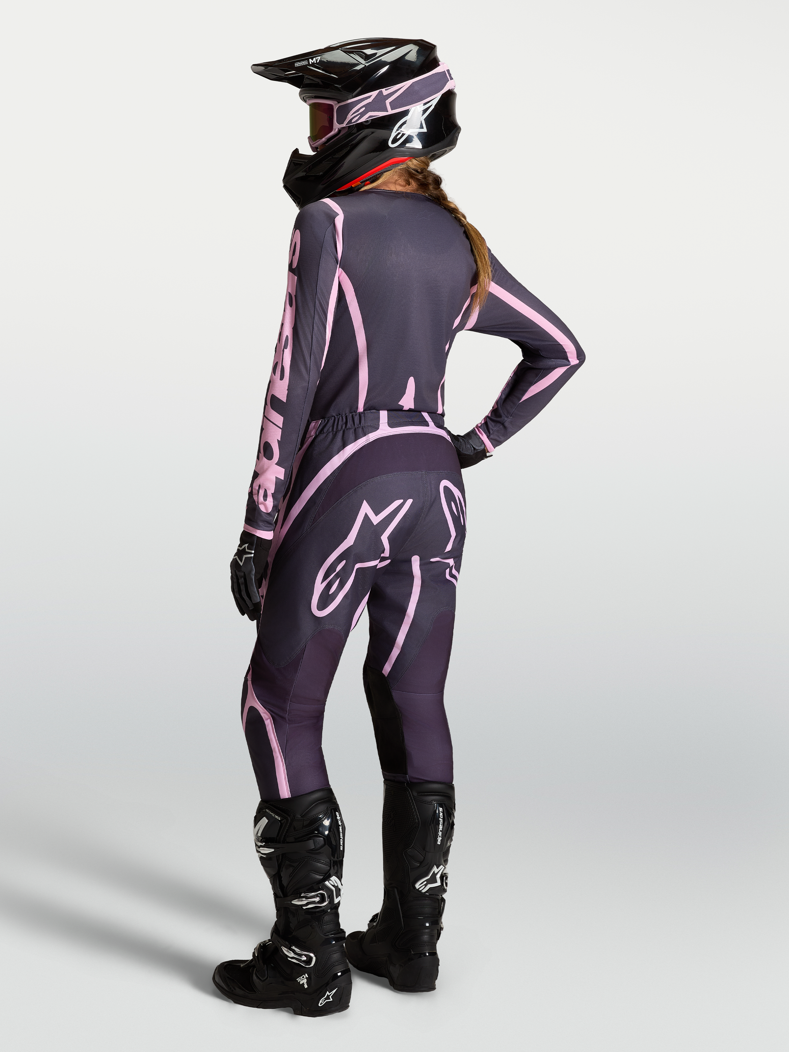Alpinestars Stella Fluid Apex V2 Jersey AND Gear Set, women's motocross outfit in gray and pink with black boots.