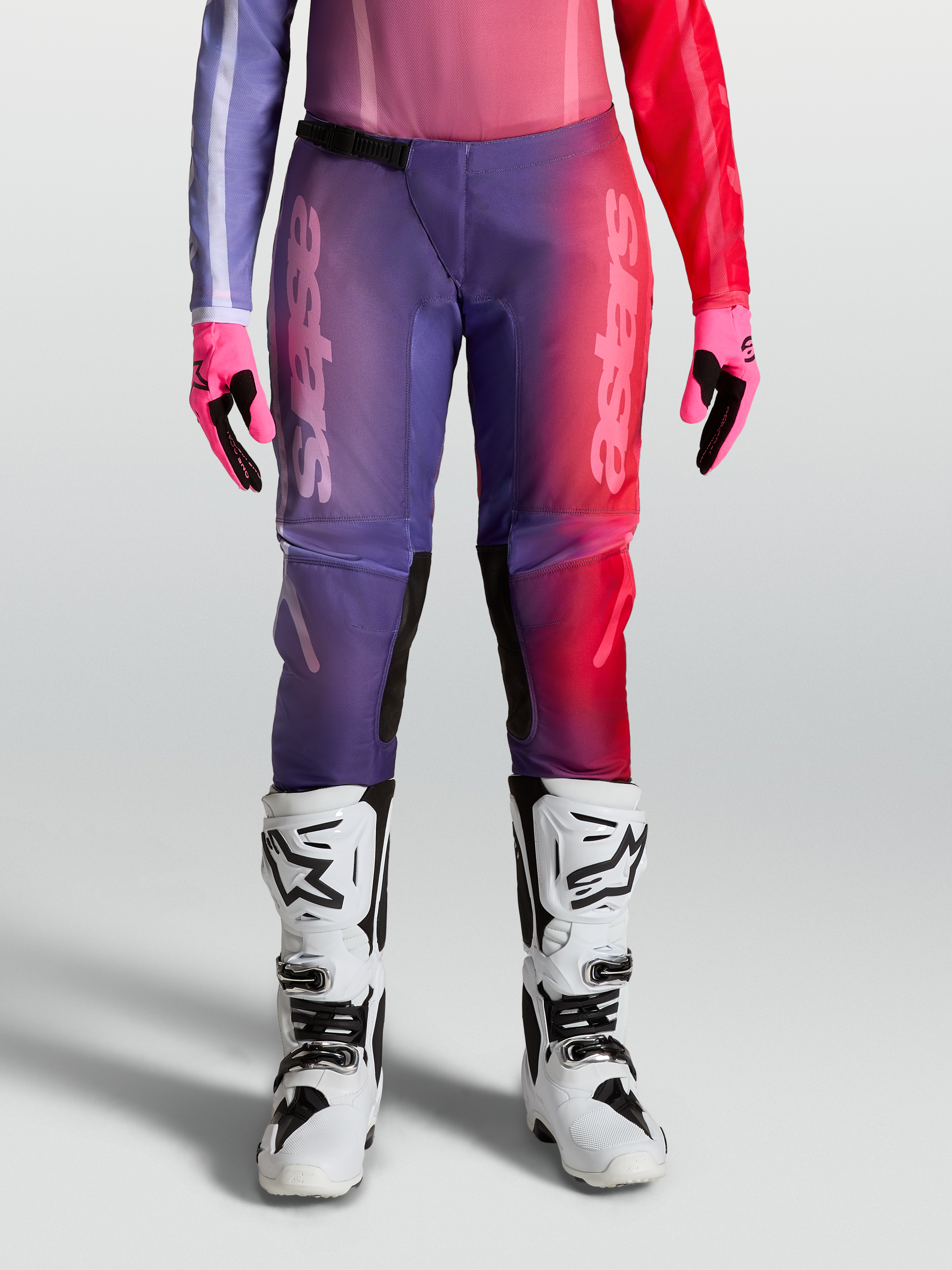 Alpinestars Stella Fluid Kepler Pants, Women's Motocross Pants in Purple and Rouge Red with reinforced seat and knees.