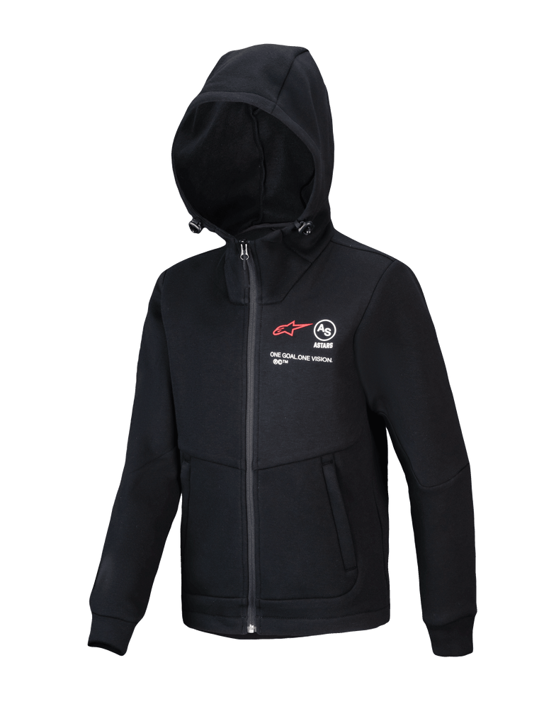 Alpinestars Youth Racer MX Fleece, Black Motocross Hoodie, full-zip jacket with adjustable hood, featuring red A-star logo and "ONE GOAL. ONE VISION." branding, zippered hand pockets, casual performance wear for youth riders