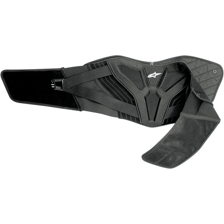 Alpinestars Touring Belt, Black Motorcycle Kidney Belt, featuring ergonomic lower back support, quilted thermal liner, mesh panels for ventilation, dual elastic waistband with white Astars logo, protective gear for road and adventure riding