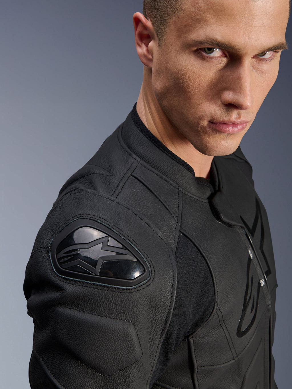Alpinestars Dusk Leather Jacket, black bovine leather motorcycle gear with DFS shoulder protection and logo.
