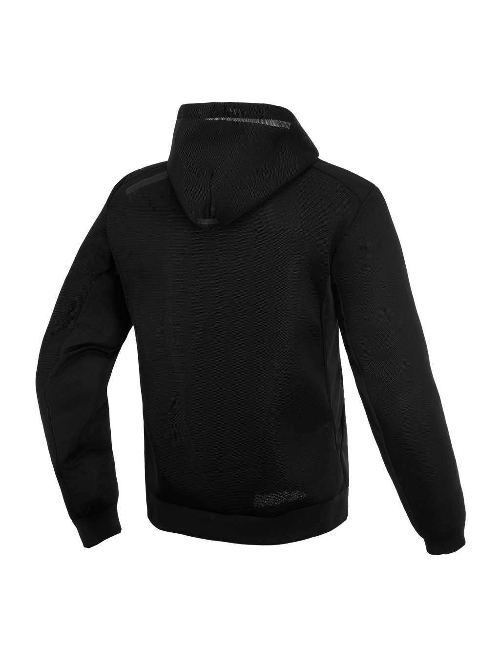 Alpinestars Chrome Superairflow Hoodie, Men's Urban Motorcycle Gear, Black, 3D technical mesh, rear view showing hood.