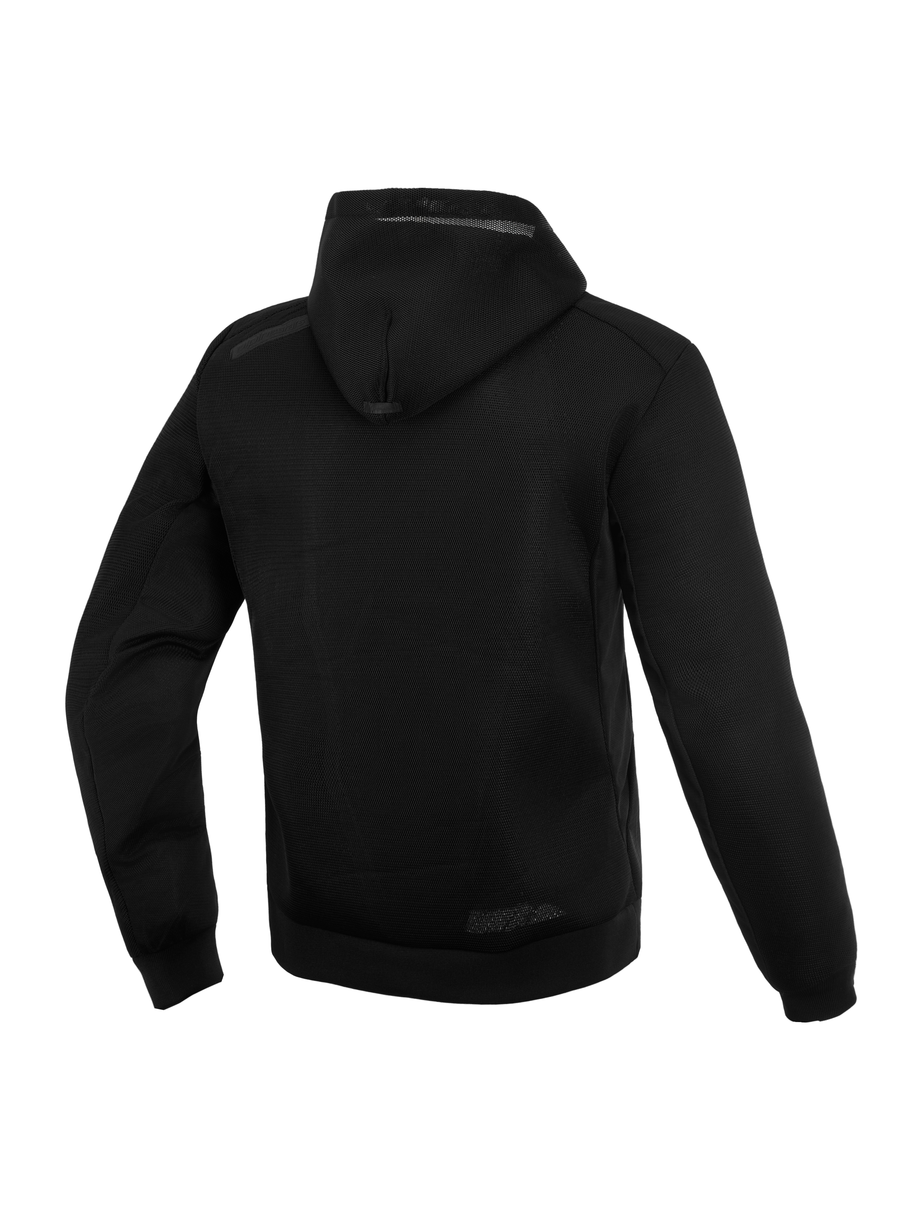 Alpinestars Chrome Superairflow Hoodie, Men's Urban Motorcycle Gear, Black, 3D technical mesh, rear view showing hood.