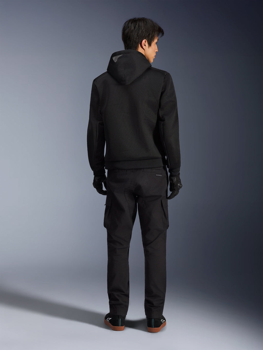 Alpinestars Chrome Superairflow Hoodie, Black Men’s Urban Motorcycle Hoodie with 3D Mesh, back view on model.