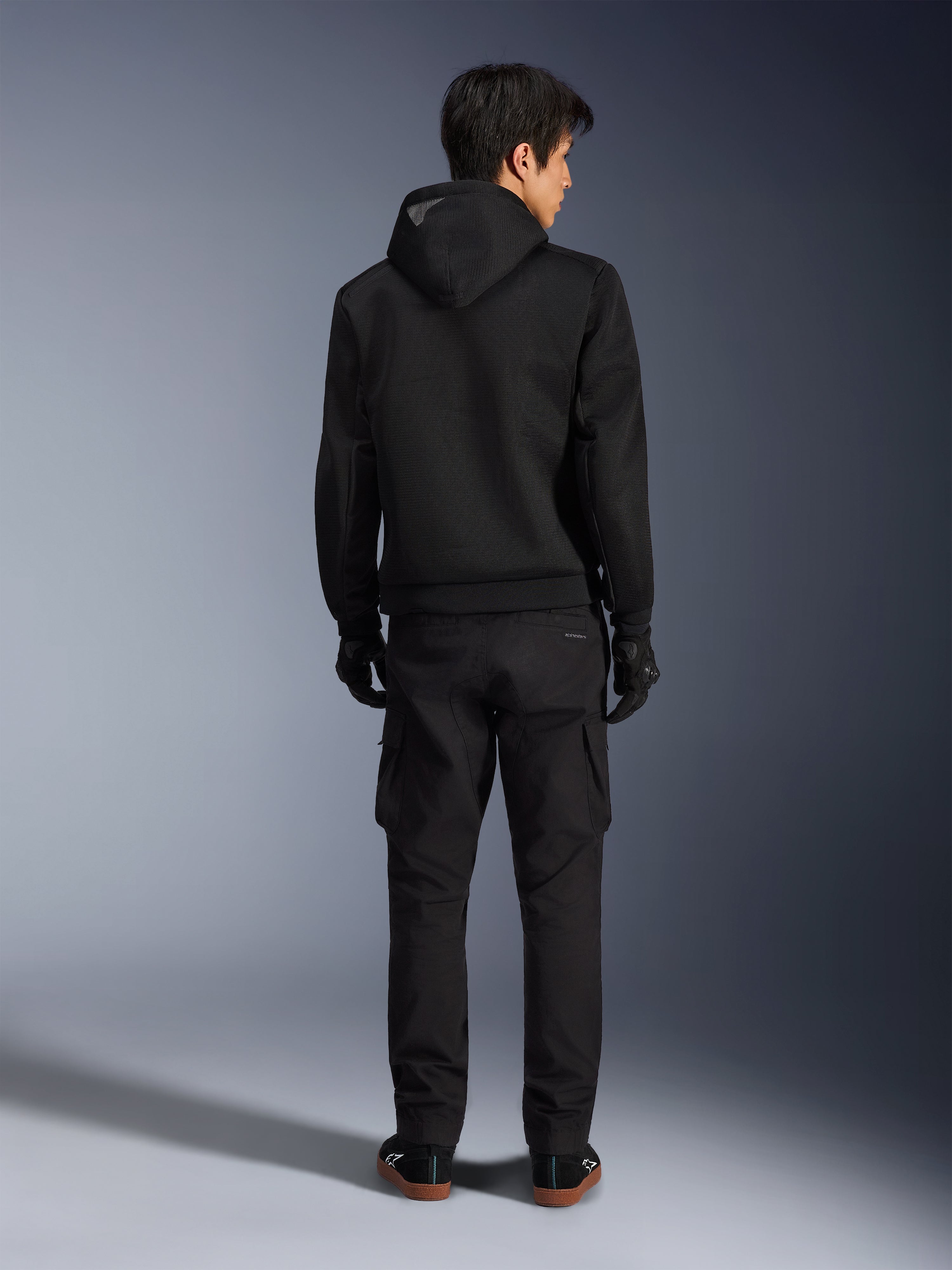 Alpinestars Chrome Superairflow Hoodie, Black Men’s Urban Motorcycle Hoodie with 3D Mesh, back view on model.