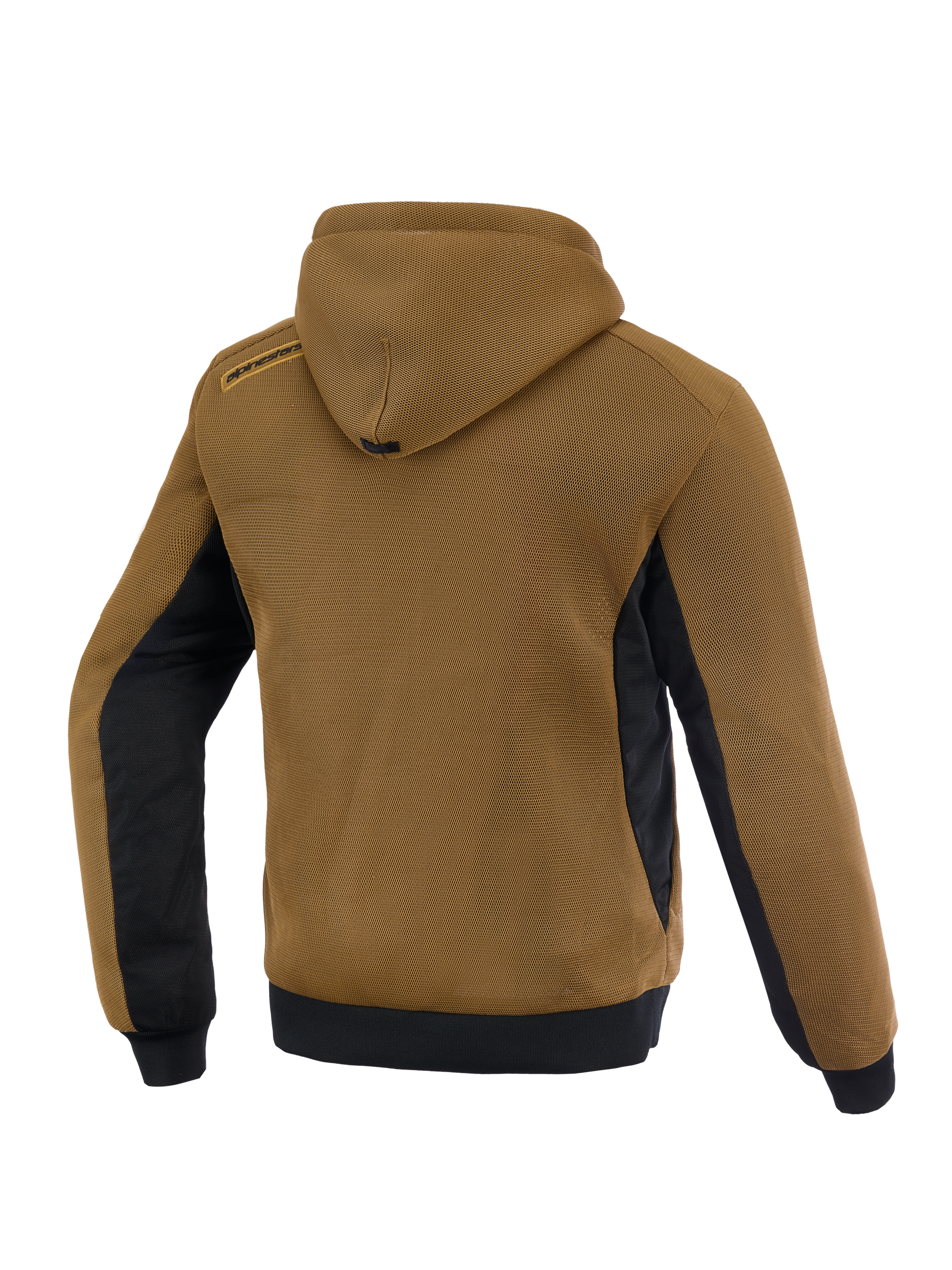 Alpinestars Chrome Superairflow Hoodie, back view in brown and black, featuring breathable 3D mesh for motorcycle riding.