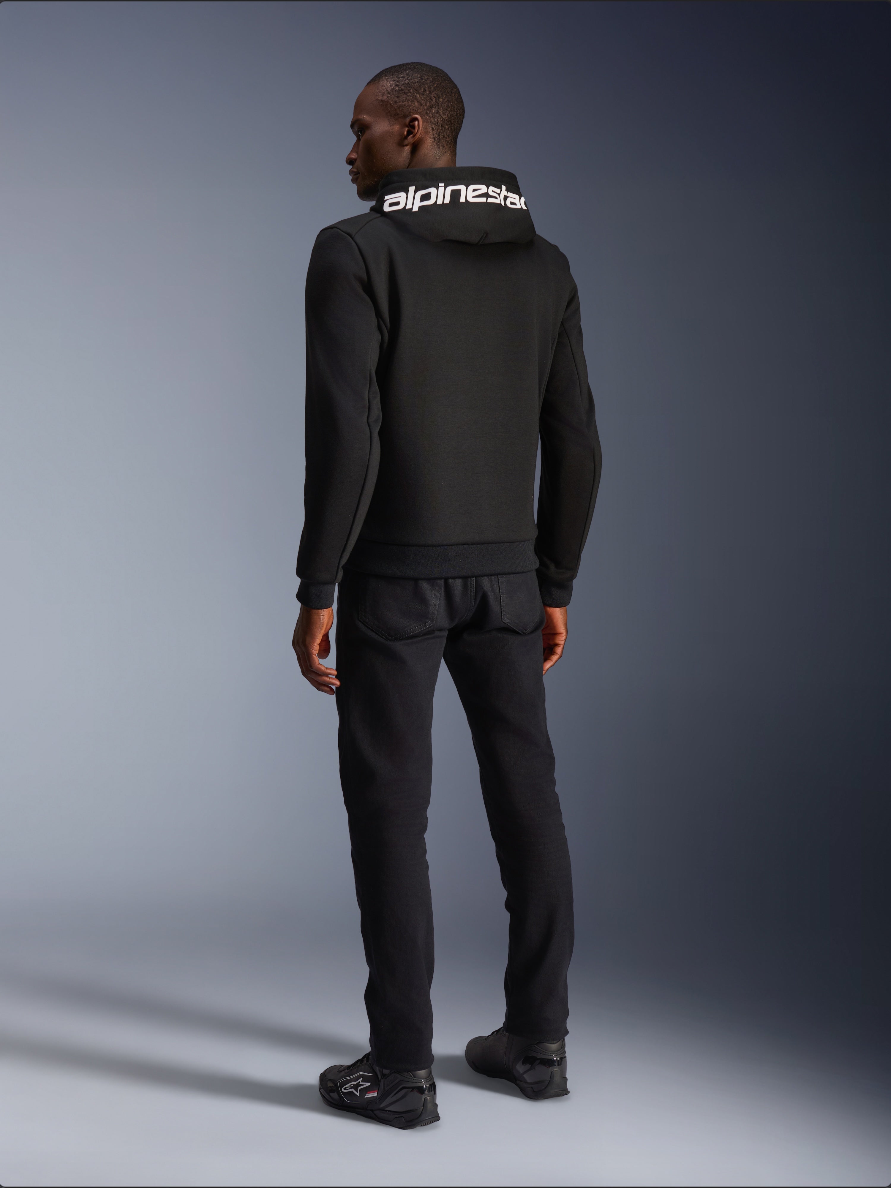 Alpinestars Chrome V2 Sport Hoodie, Urban Riding Jacket, Men's, Black and White, rear view with logo on hood.