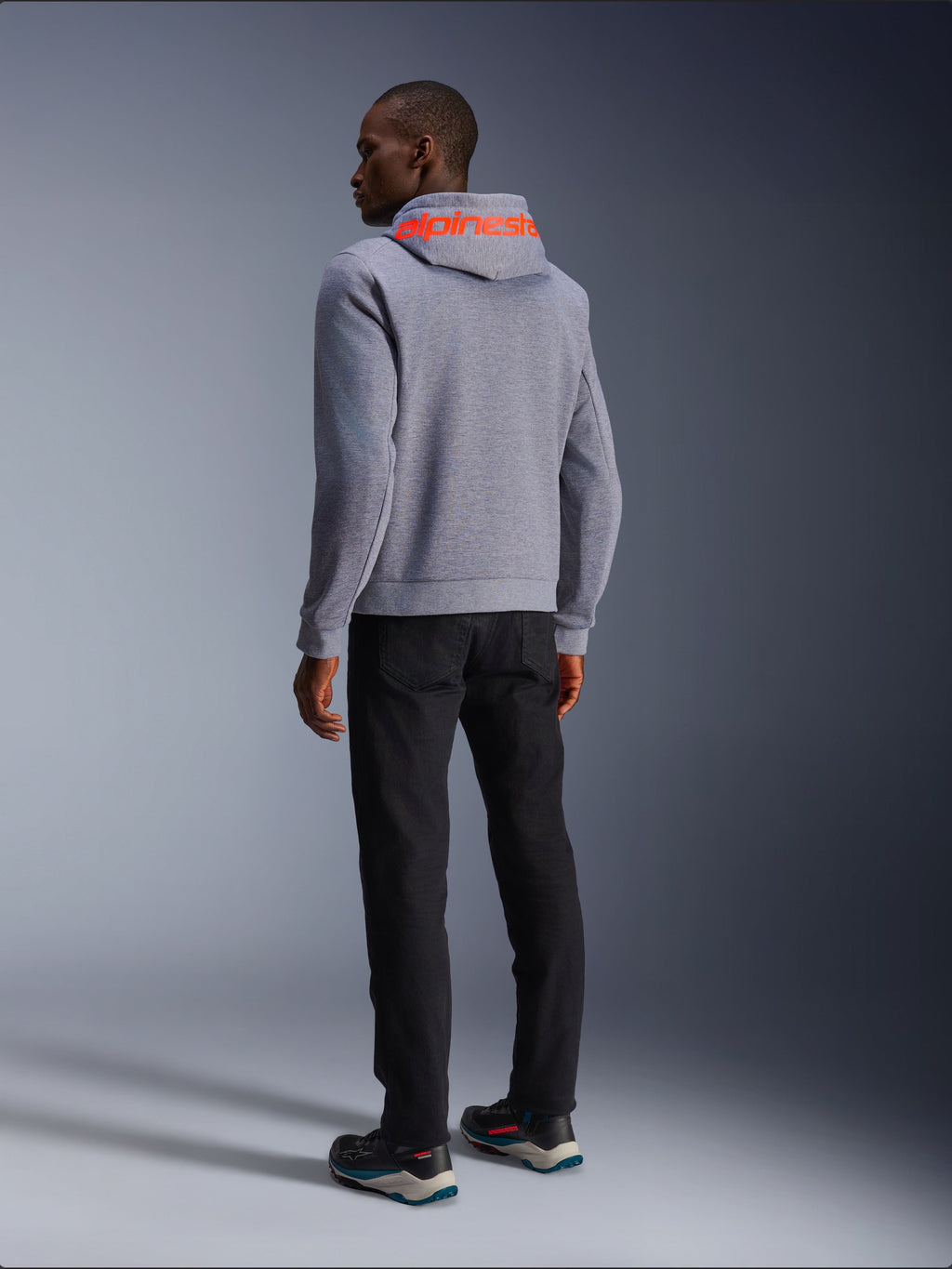 Alpinestars Chrome V2 Sport Hoodie in Gray Heather and Red Fluo, urban motorcycle textile jacket, back view on model.