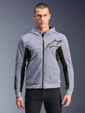 Alpinestars Chrome Air Sport Hoodie, Gray Heather and Black, full-zip urban riding hoodie with black star logo, prominent black and yellow mesh side panels, motorsport-inspired casual streetwear