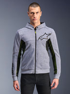 Alpinestars Chrome Air Sport Hoodie, Gray Heather and Black, full-zip urban riding hoodie with black star logo, prominent black and yellow mesh side panels, motorsport-inspired casual streetwear