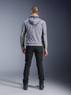 Alpinestars Chrome Air Sport Hoodie, Gray Heather Black, back view of motorcycle riding hoodie featuring green high-flow mesh panels on the sides and sleeves, tech fleece construction with Alpinestars branding on the hood, worn with black pants