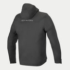 Alpinestars Domino Tech Jacket, urban softshell motorcycle hoodie in Black, featuring a fixed hood and reflective rear logo.