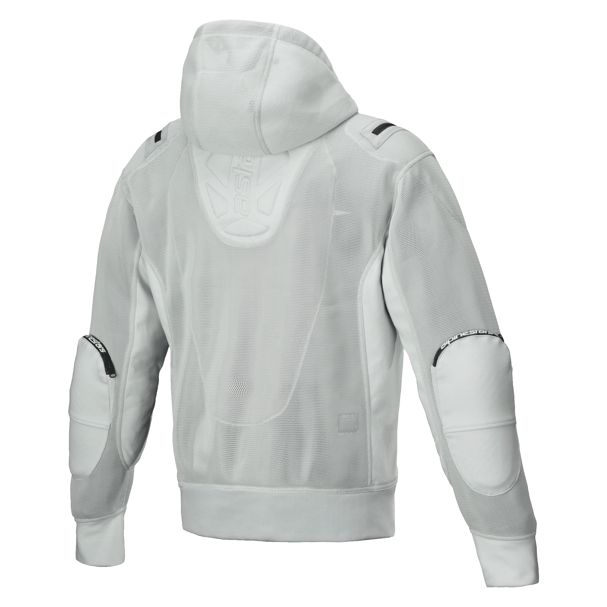 Alpinestars Moflow Air Tech Hoodie, Men's Motorcycle Jacket, Gray, Back view featuring full high-density mesh construction, mesh hood, reinforced elbow panels, and subtle Alpinestars branding, urban tech-wear design