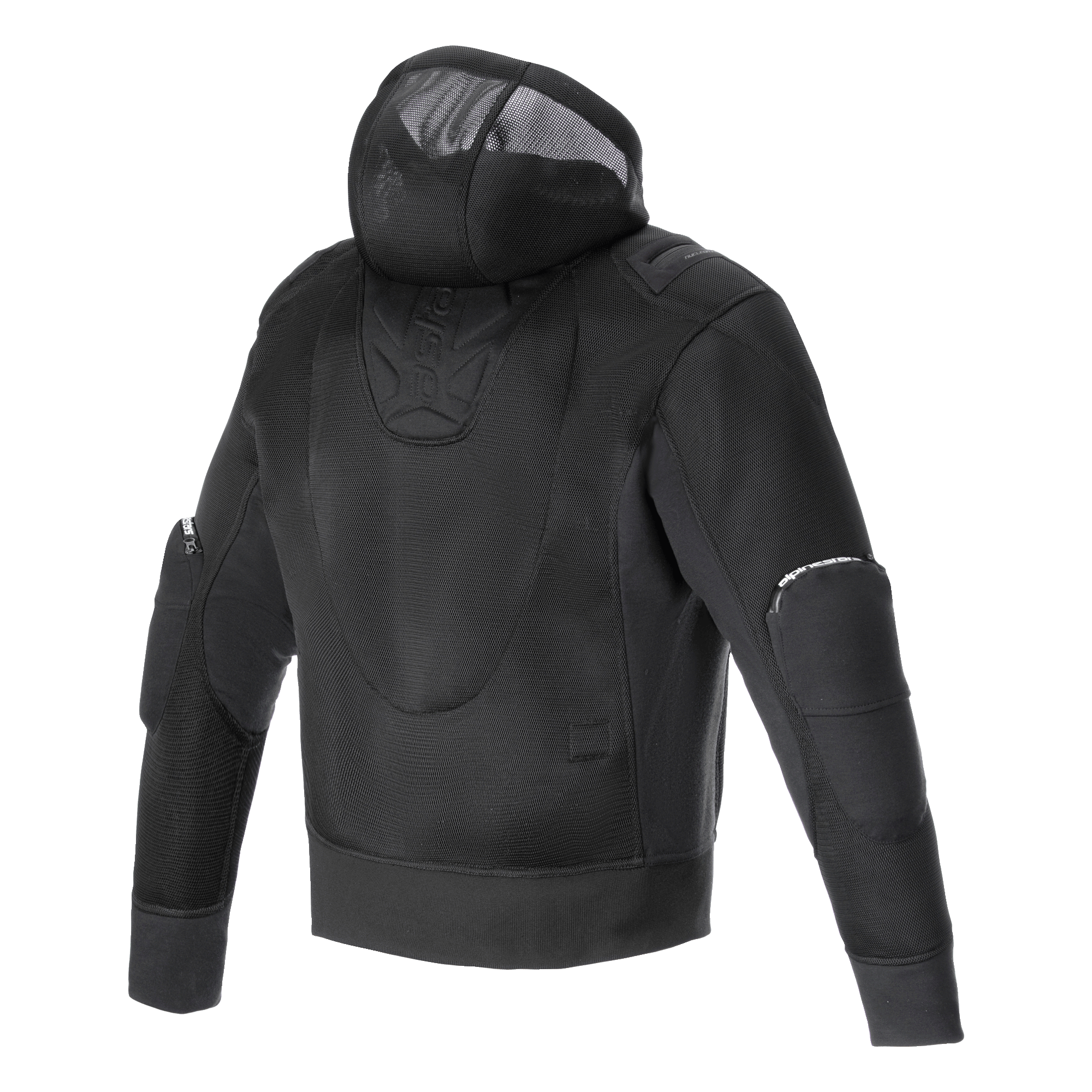Alpinestars Moflow Air Tech Hoodie, Men's Motorcycle Jacket, Black, rear view featuring full high-density mesh construction, integrated mesh hood, and protective elbow panels, designed for maximum ventilation and urban style.