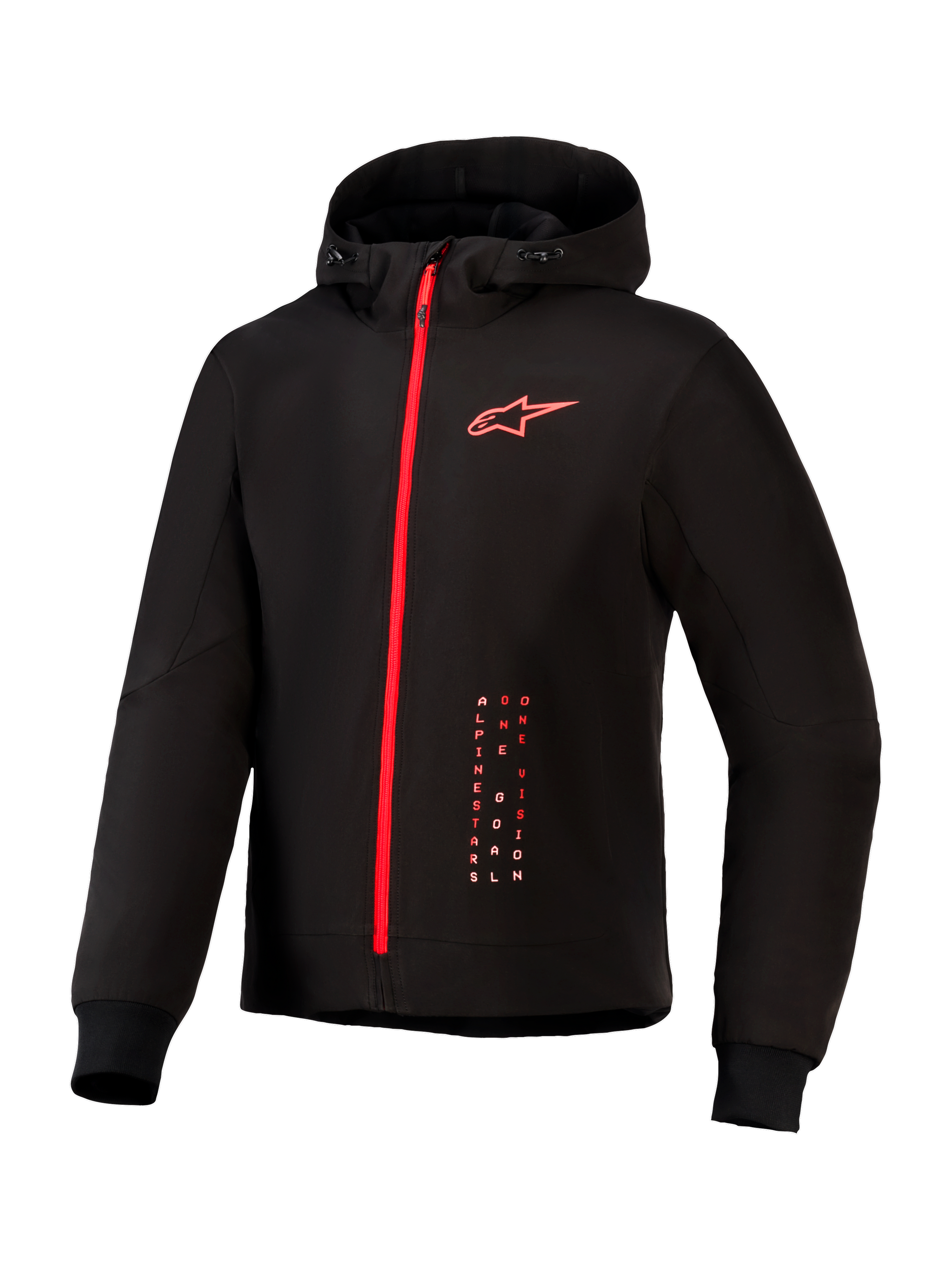 Alpinestars Radium Tech Hoodie, urban motorcycle riding jacket, Black and Bright Red, featuring a full-length red zipper, red Alpinestars logo on chest, drawstring hood, and ribbed cuffs on a technical windproof shell.