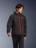 Alpinestars Radium Tech Hoodie, urban motorcycle jacket, Black with Bright Red zipper, featuring red Alpinestars logo on chest and red text on side, technical windproof shell with hood and ribbed cuffs, modern street style for riders