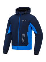 Alpinestars Radium Tech Hoodie, Night Navy and Royal Blue, technical shell hoodie with full-zip, white Astar logo and vertical branding, urban motorcycle jacket