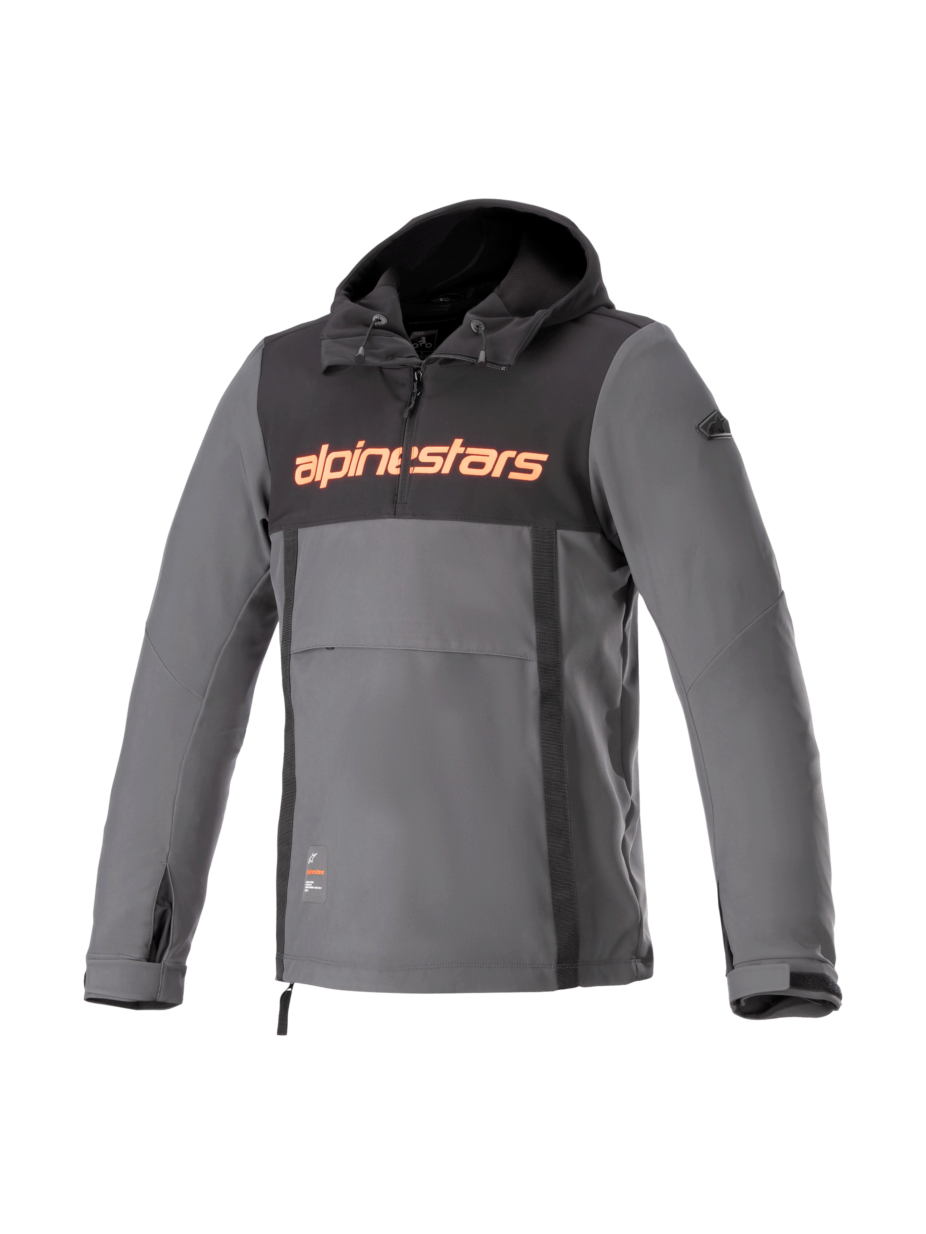 Alpinestars Sherpa Hoodie, gray and black urban motorcycle anorak, windproof softshell with red logo.