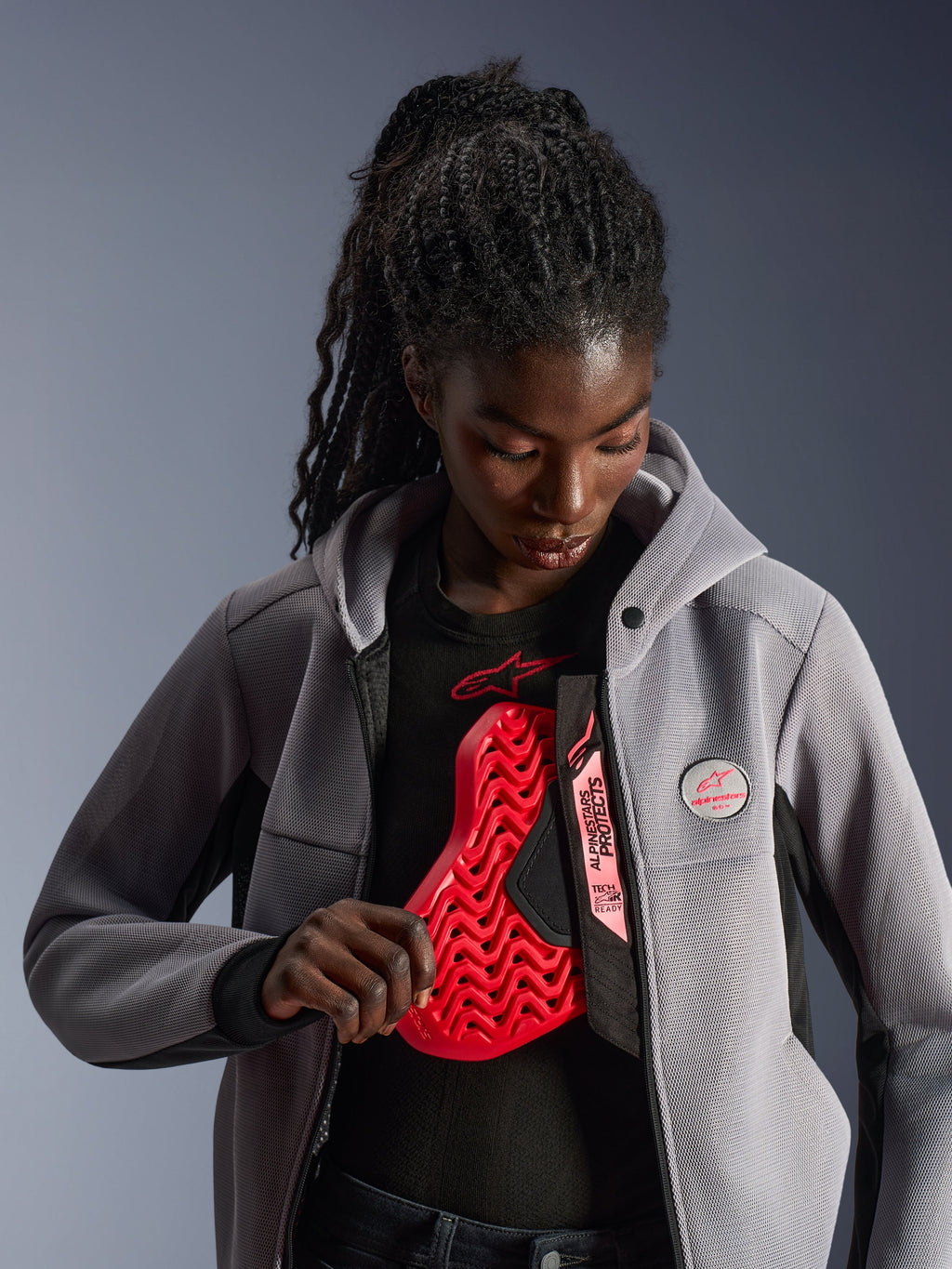 Alpinestars Women Stella Chrome Superairflow Hoodie, Gray and Black, showing Tech-Air Ready chest protection for urban riders.