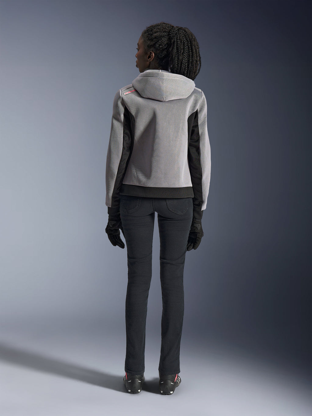 Alpinestars Women Stella Chrome Superairflow Hoodie, gray and black mesh motorcycle jacket for urban riding, rear view.