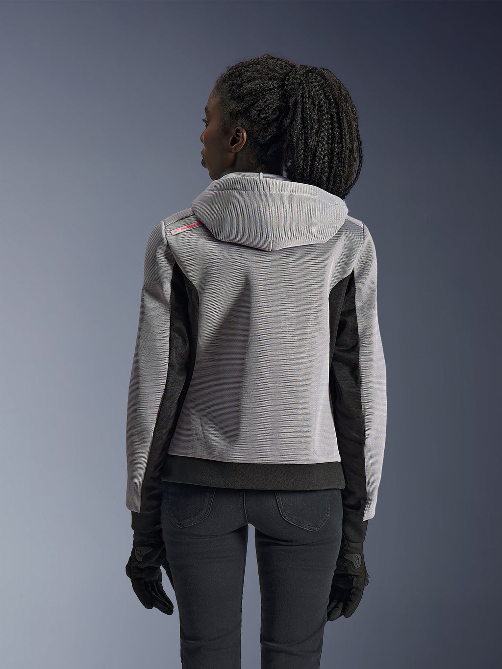 Alpinestars Women Stella Chrome Superairflow Hoodie, mid gray and black mesh riding jacket, rear view on model.