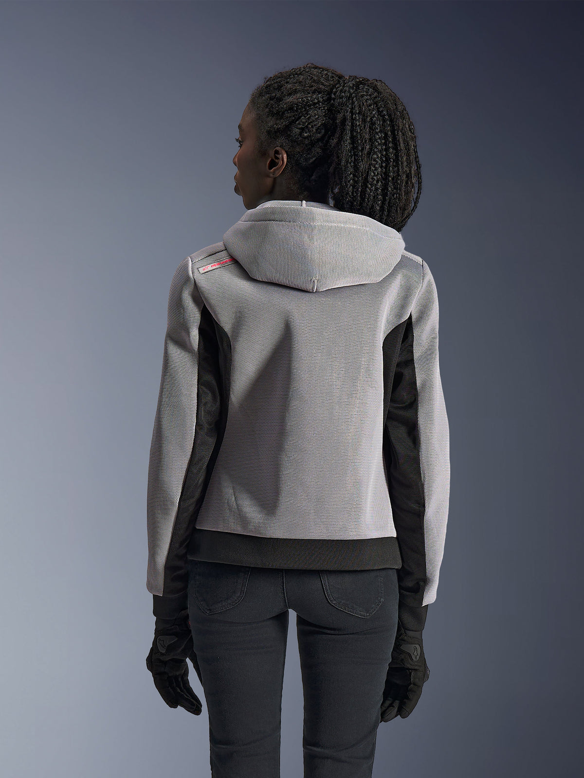 Alpinestars Women Stella Chrome Superairflow Hoodie, mid gray and black mesh riding jacket, rear view on model.