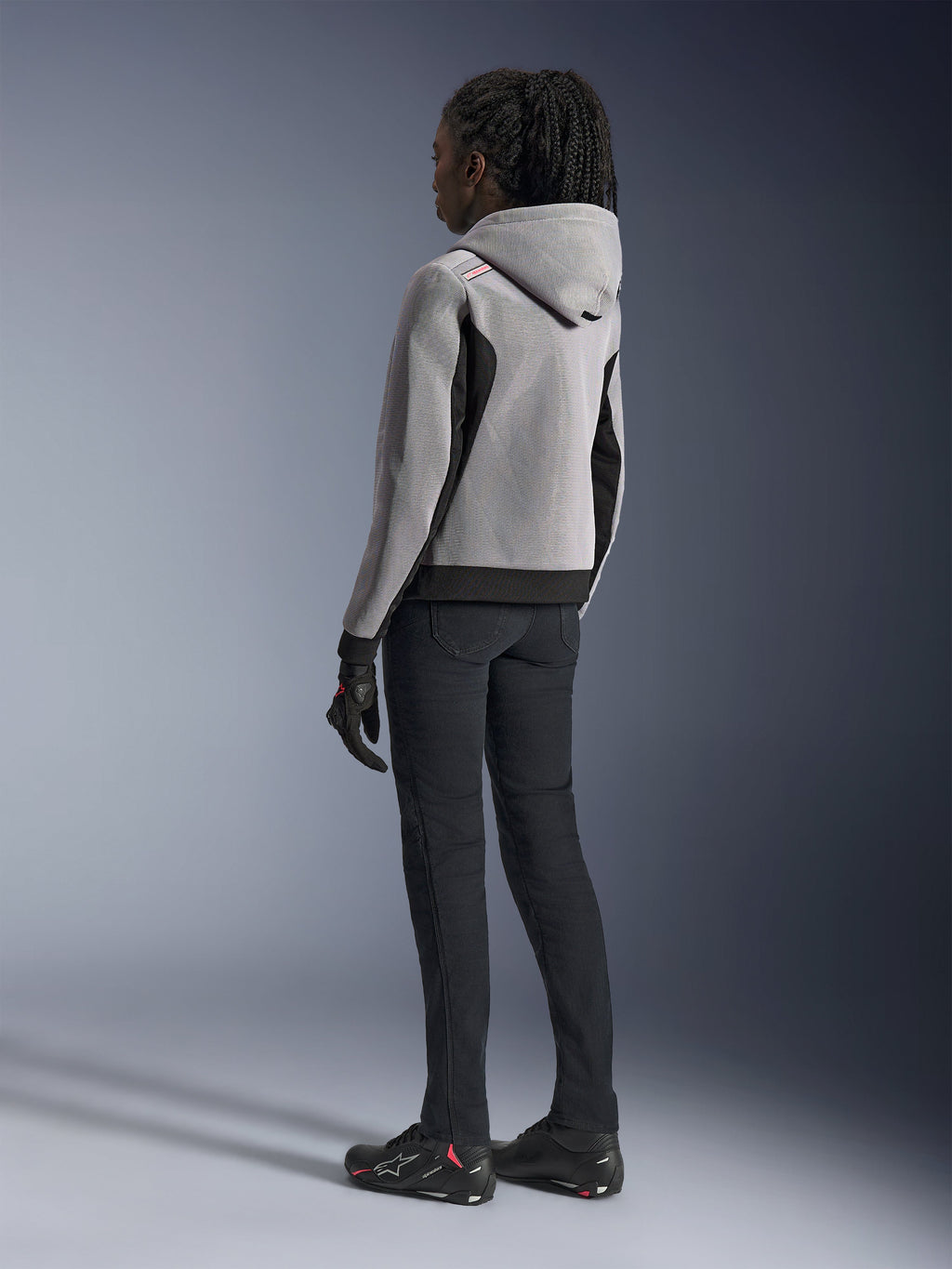 Alpinestars Women Stella Chrome Superairflow Hoodie in Mid Gray and Black, a 3D mesh urban motorcycle jacket, rear view.