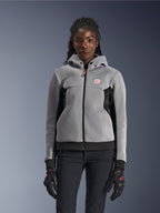 Alpinestars Women Stella Chrome Superairflow Hoodie, Mid Gray and Black with Pink, 3D mesh motorcycle hoodie worn by model.