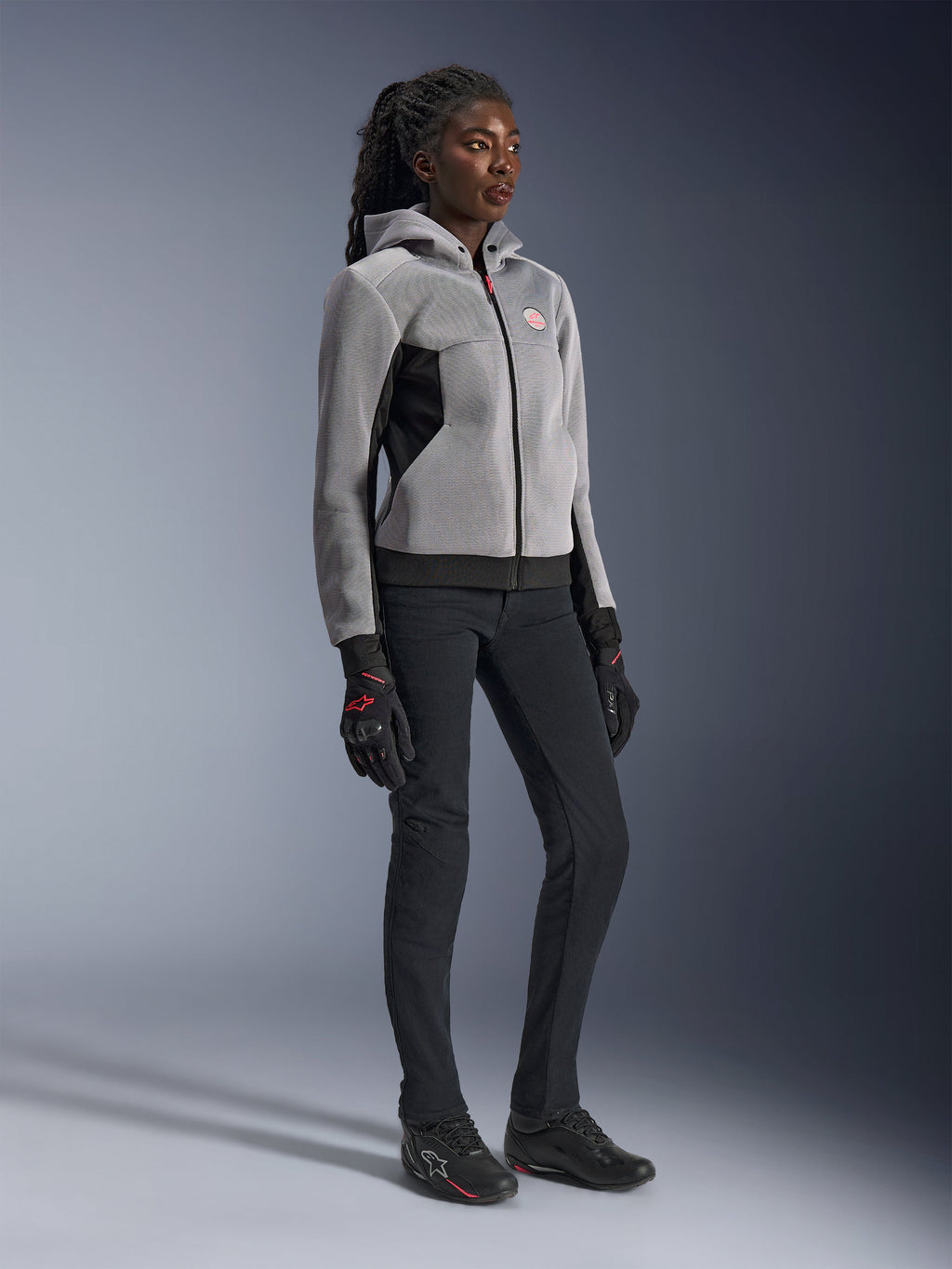 Alpinestars Women Stella Chrome Superairflow Hoodie, gray and black mesh motorcycle hoodie with pink accents for urban riding.